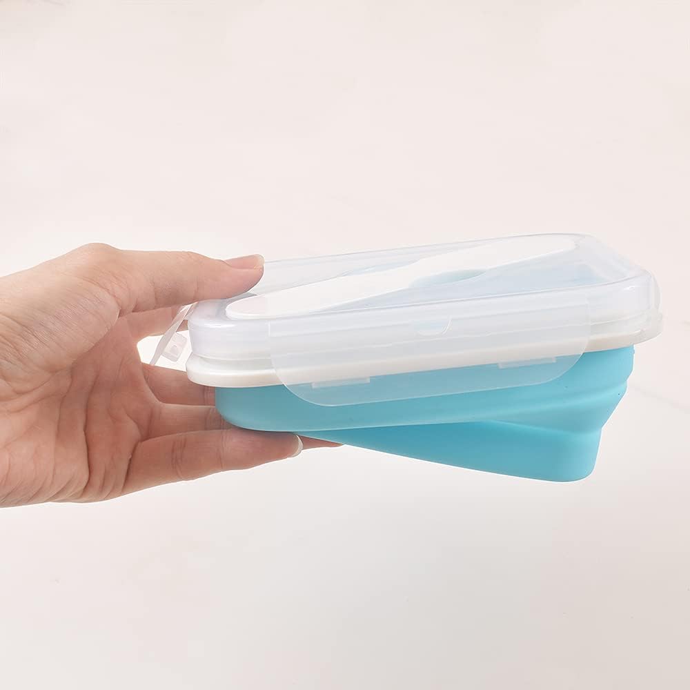 Silicone Lunch Container With Spoon & Fork, Bento Box, Collapsible Food Storage Container with Clip-on Lid, 20 Oz