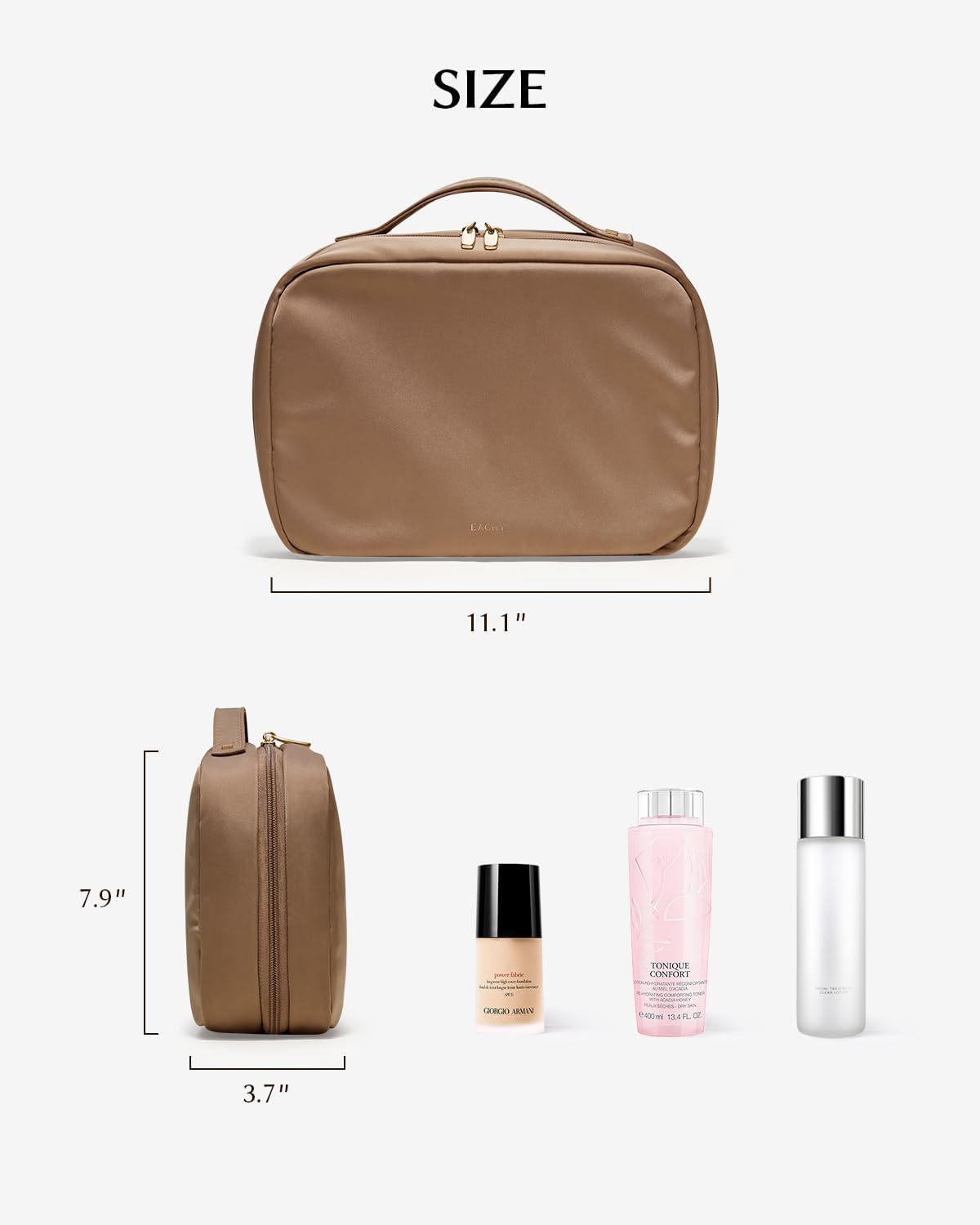 EACHY Hanging Toiletry Bag, Satin 4 Compartments Travel Toiletry Bags for Women, Large Capacity Make Up Organizer Bag with Handle & Compartments (Brown, L)