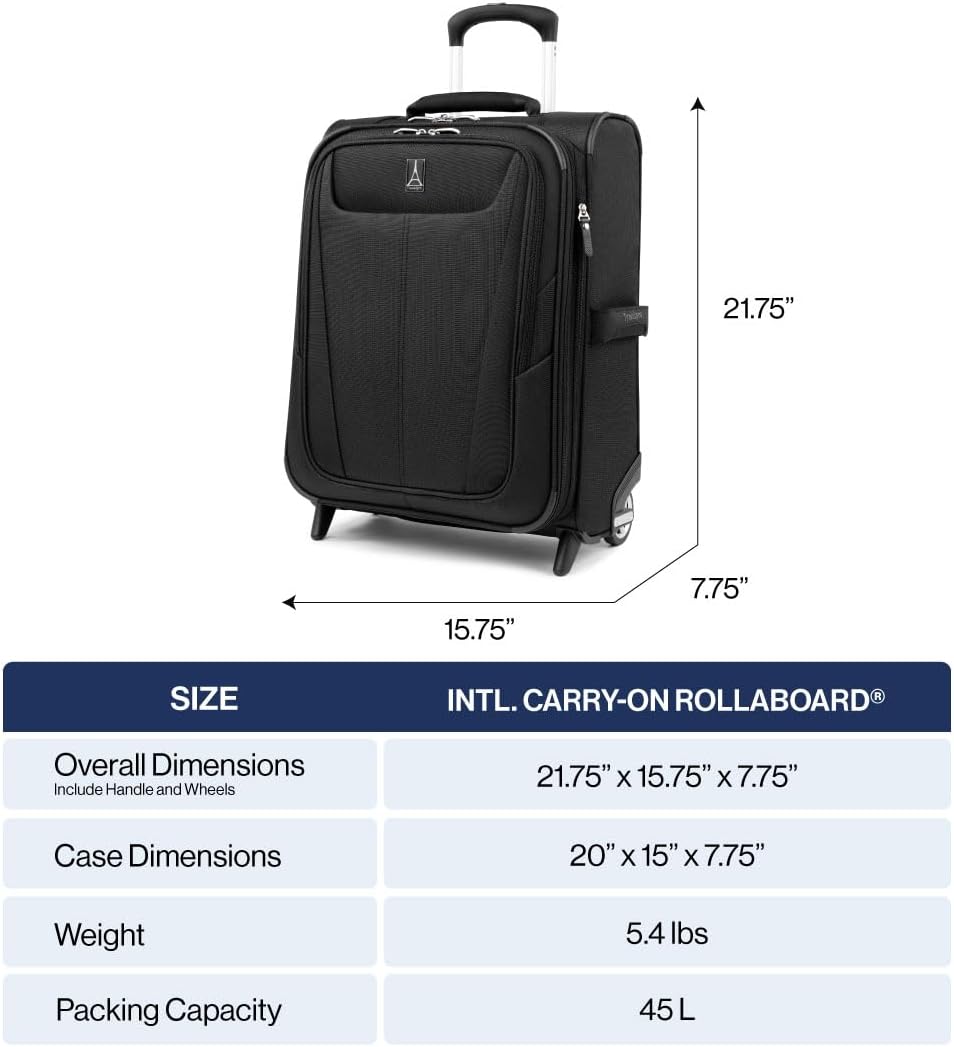 Travelpro Maxlite 5 Softside Expandable Upright 2 Wheel Carry on Luggage, Lightweight Suitcase, Men and Women, Black, Carry On 20-Inch
