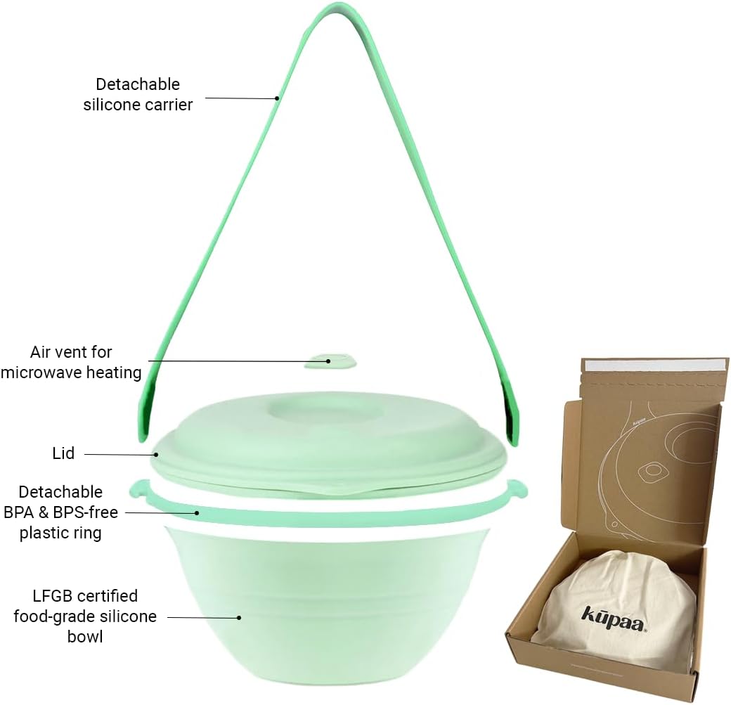 kūpaa Bowl & Carrier Duet – Microwave Safe Silicone Lunch Box For Adults– Collapsible, Leakproof, Food-Grade, Reusable To-Go Container (Jade)