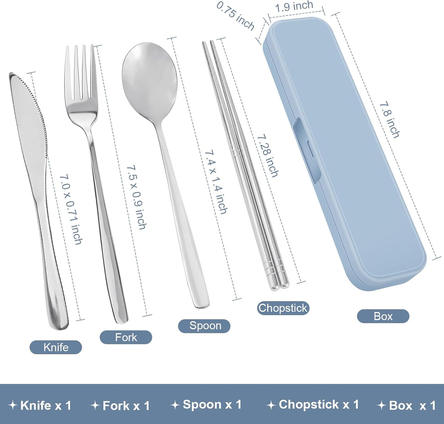 5 Piece Rsiynax Portable Travel Utensils Set with Case, Premium 304 Stainless Steel Camping Utensils Set, Reusable Silverware for Camping, Lunch, Work, School, etc, Easy to Clean (Silver)