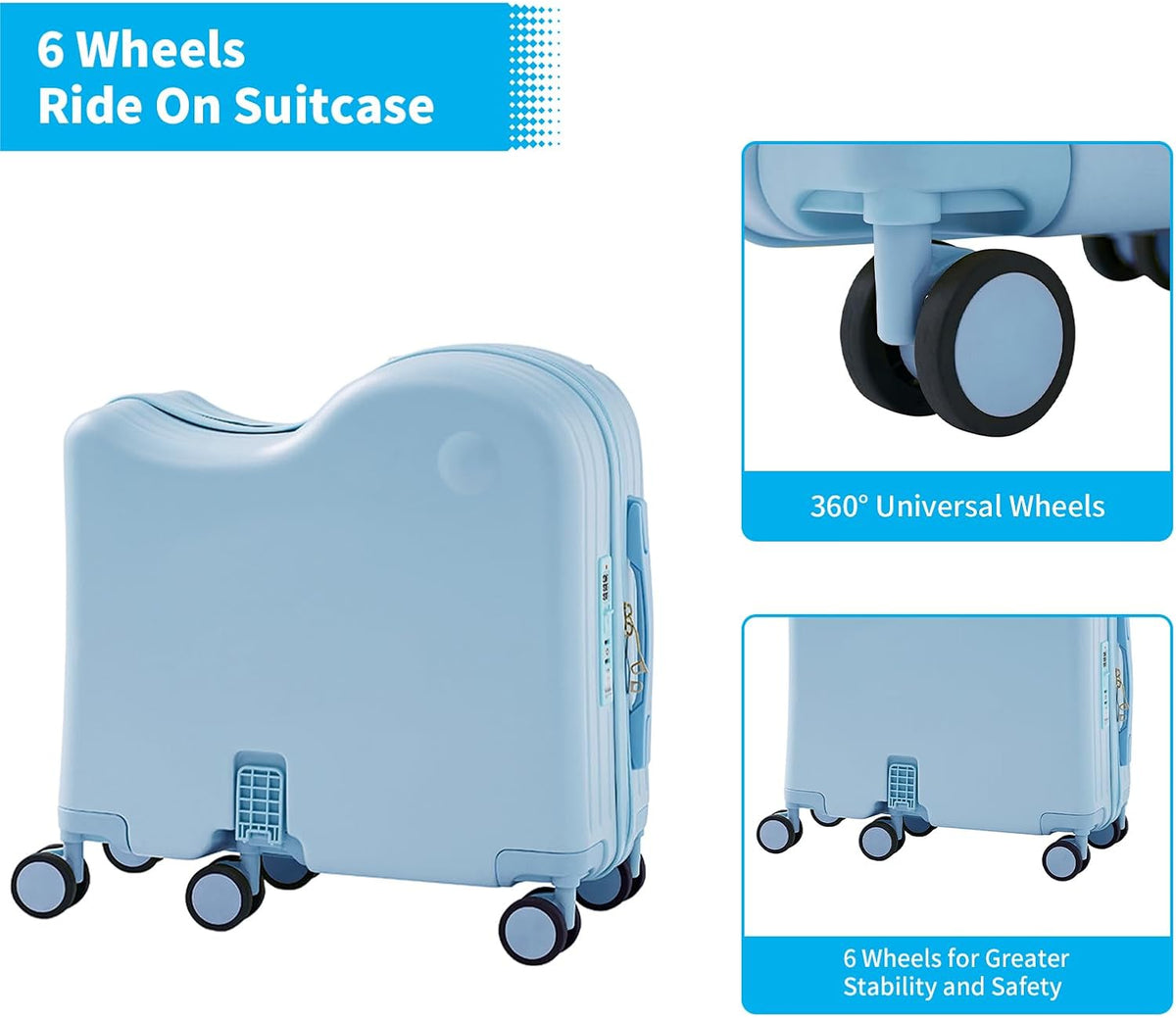 TABU Ride-on Luggage with Handbag for Kids,Hardshell Carry On Suitcase with Hidden Cup Holder, Foldable Pedal,Type-C & USB Interface, TSA Lock, 6-Spinner Wheels, Blue