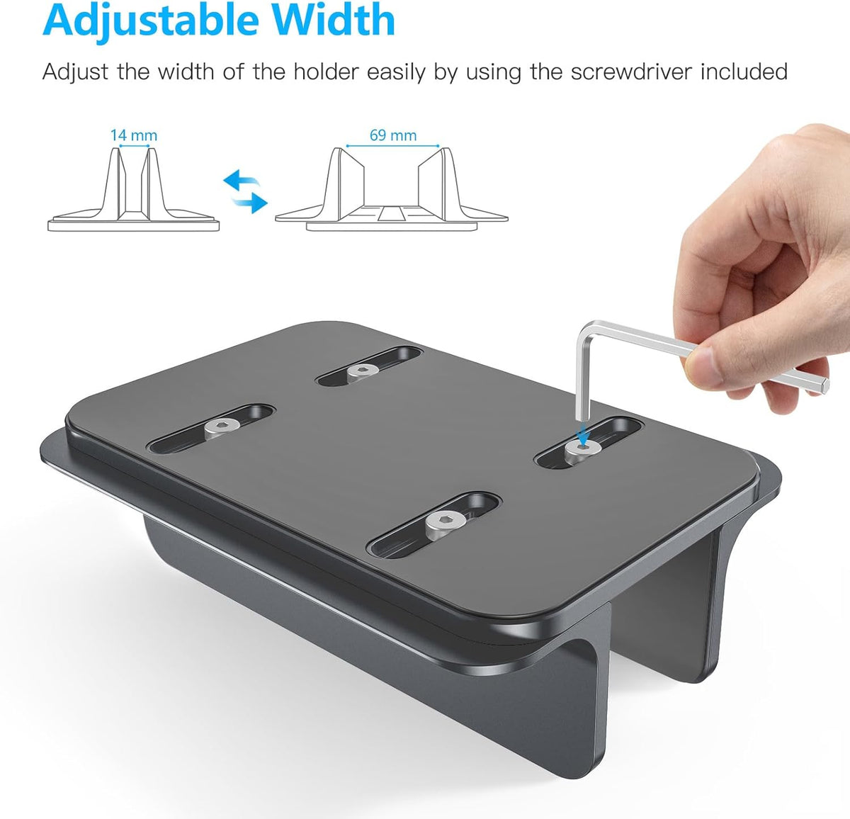 OMOTON Vertical Laptop Stand Holder, Desktop Aluminum MacBook Stand with Adjustable Dock Size, Fits All MacBook, Surface, Chromebook and Gaming Laptops (Up to 17.3 inches), Gray