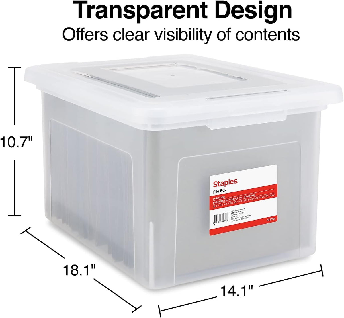 STAPLES Hanging File Folder Box, Storage Bin Organizer, Snap Lid, Letter & Legal Size Documents, Clear