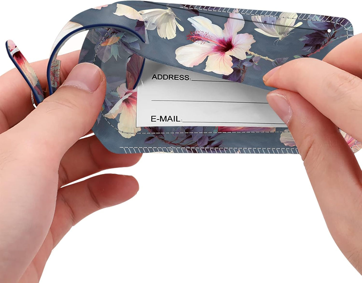 FINTIE 2 Pack Luggage Tags, Leather Name ID Labels with Privacy Cover for Travel Bag Suitcase, Theme - Blooming Hibiscus