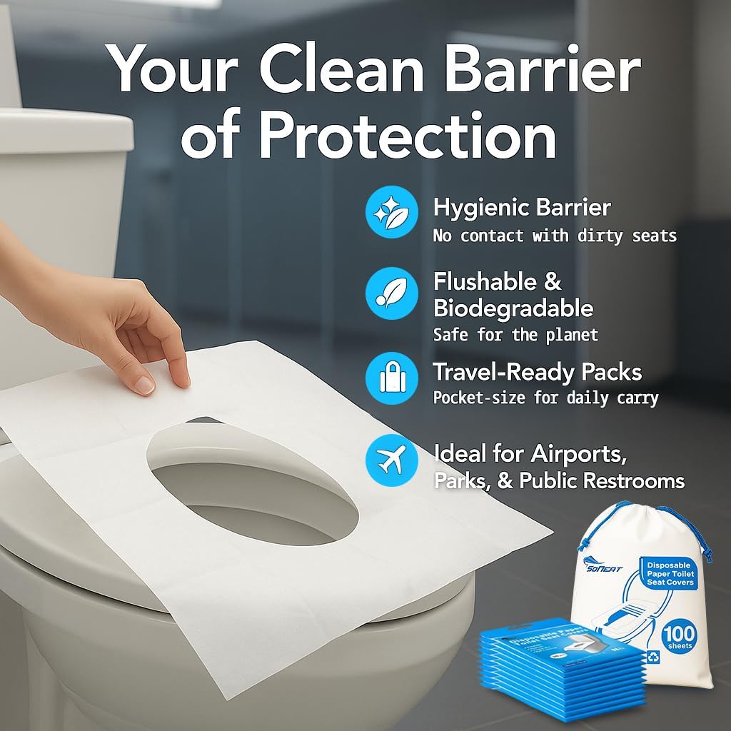 Disposable Toilet Seat Cover - 100 Count Large Flushable Toilet Seat Covers for Travel, Disposable Toilet Seat Cover for Kids, Potty Training & Public Restrooms, Travel Size Paper Seat Covers