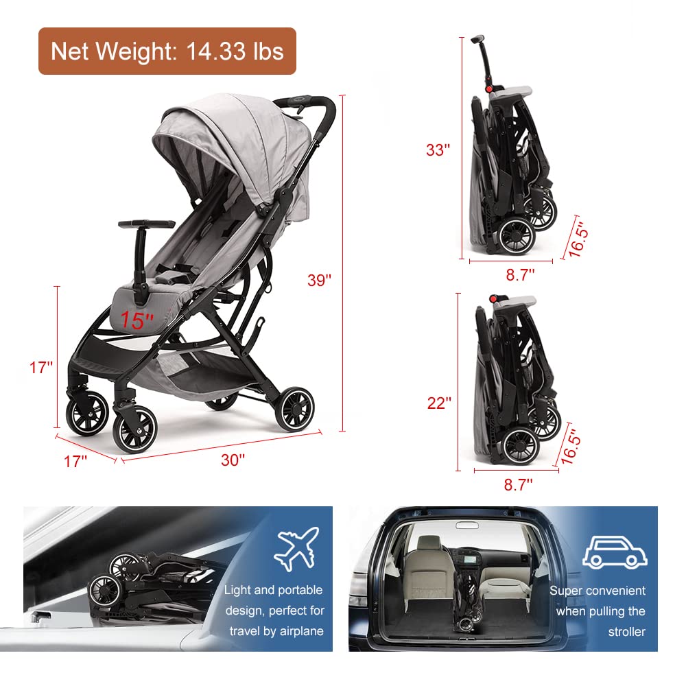 COOL KIDS Portable Stroller with Automatic Fold,Lightweight Umbrella Stroller with Pop Out Sun Canopy for Travel(Gray)