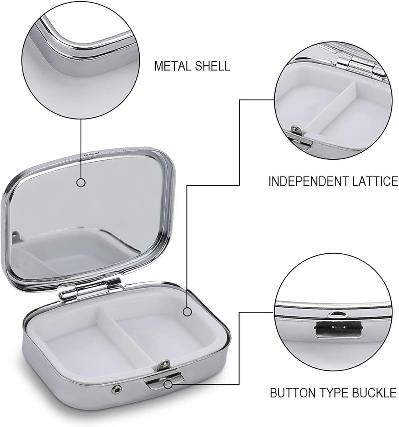 Metal 2 Compartment Pill Organizer Travel Friendly Portable Compact Pill Box Cute Pill Case to Hold Vitamins,Fish Oil,Supplements,Meds,Tablet for Purse,Pocket. (Last)