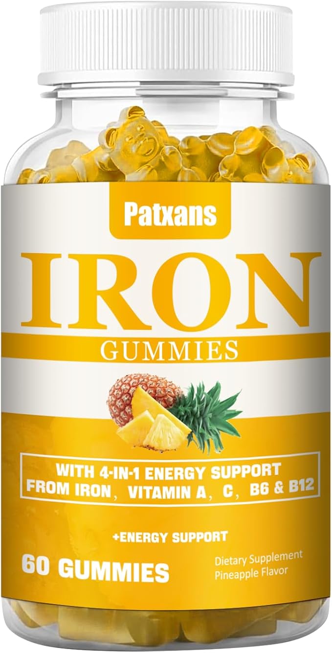 1 Pack 100MG Iron Supplement Gummies for Women & Men - with Vitamin A, C, B - Energy Support for Iron Deficiency, Anemia, Adults & Children, Pineapple Flavor Gummy, 60ct.