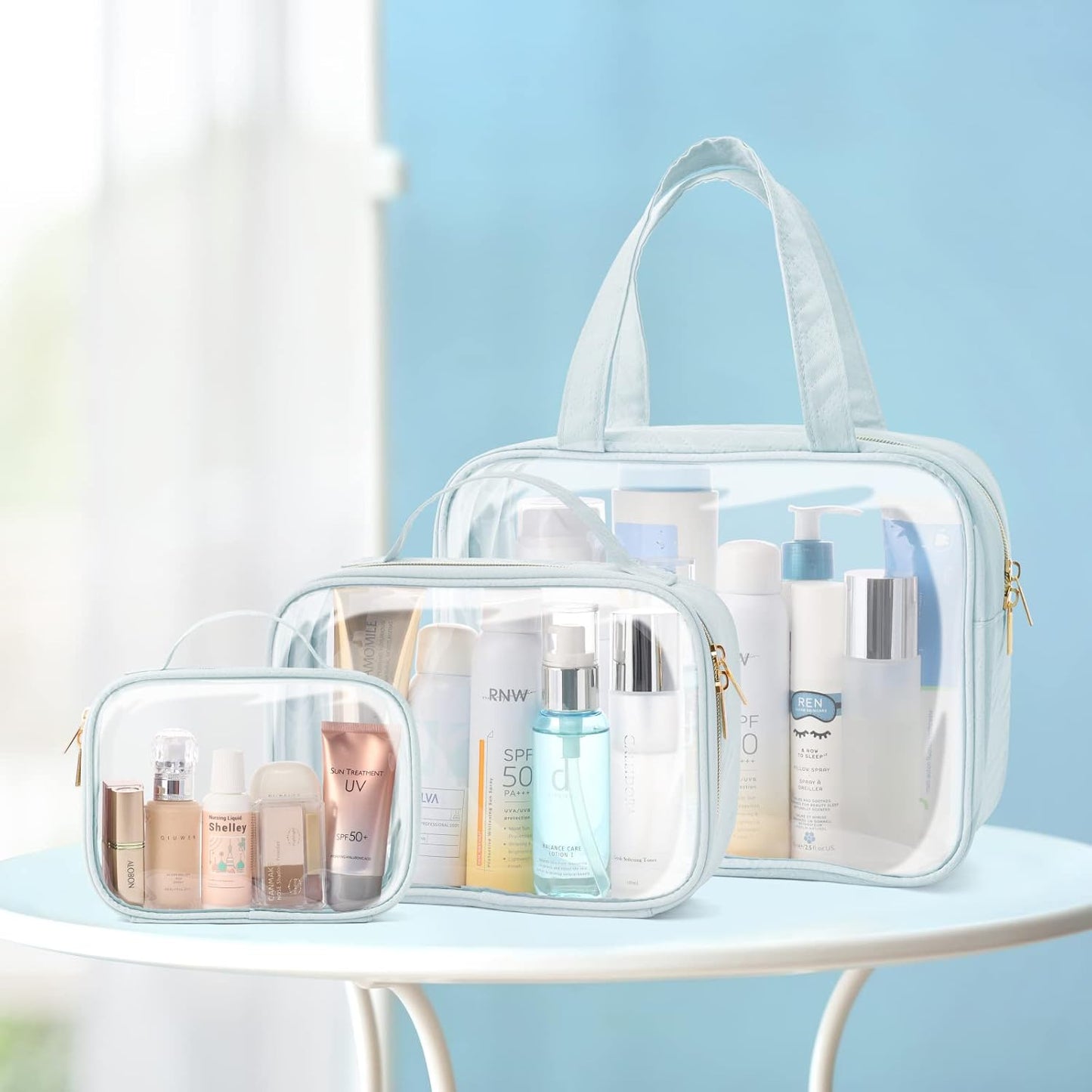 PACKISM Clear Toiletry Bags - 3 Pack Makeup Bags with Handle, Large Opening, Waterproof Cosmetic Bags for Travel Essentials, Grayish Blue