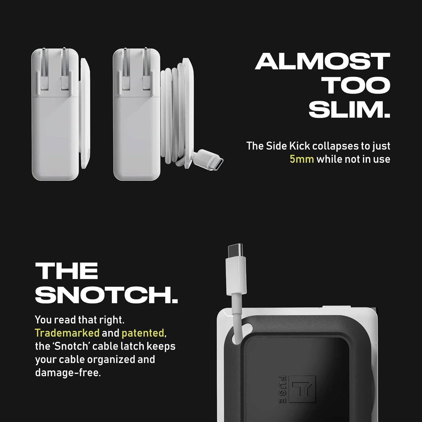 Fuse Reel The Side Kick Collapsible Charger Organizer With USB-C Right Angle Adapter Compatible with MacBook and PC charging cords and adapter cable management best computer winder (White w/Adapter)