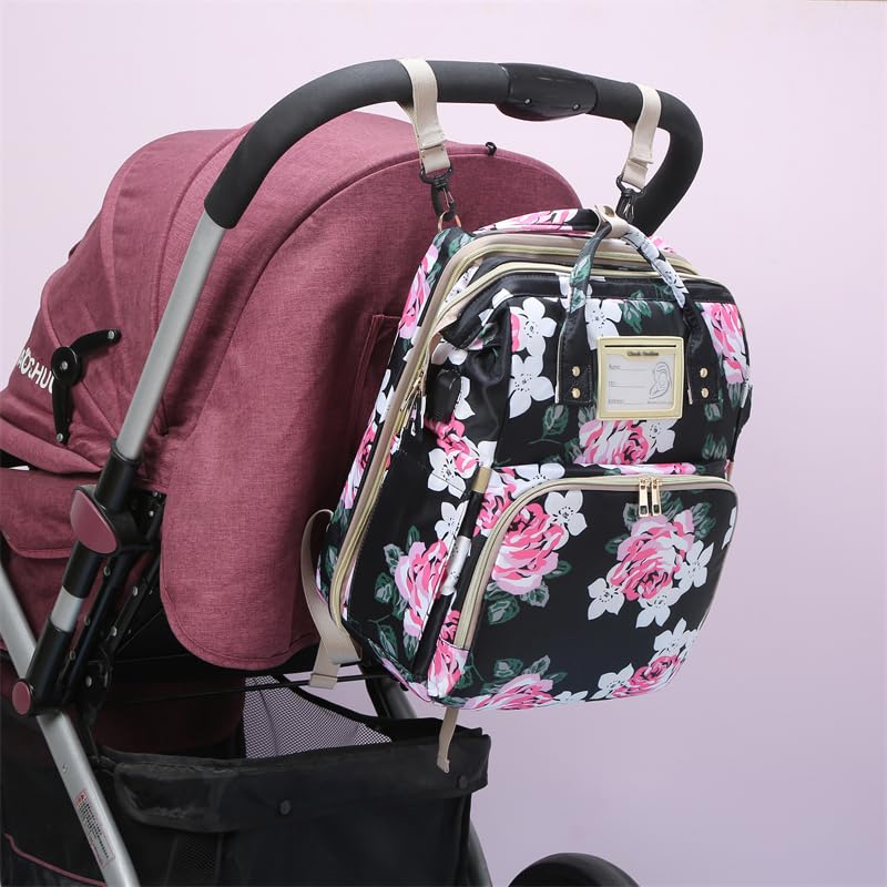 Diaper Bag Backpack Waterproof Baby Bag Large Capacity Multifunction Nappy Bags Floral Insulated Durable Travel Maternity Back Pack with Changing Station for Baby (Black)