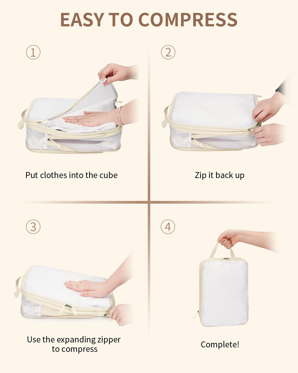 ECOHUB 6 Set Compression Packing Cubes, Lightweight Beach Vacation Travel Essentials Durable Travel Accessories for Suitcase Carry On Luggage Organizer Bags with YKK Zippers Shoe Bag, Beige