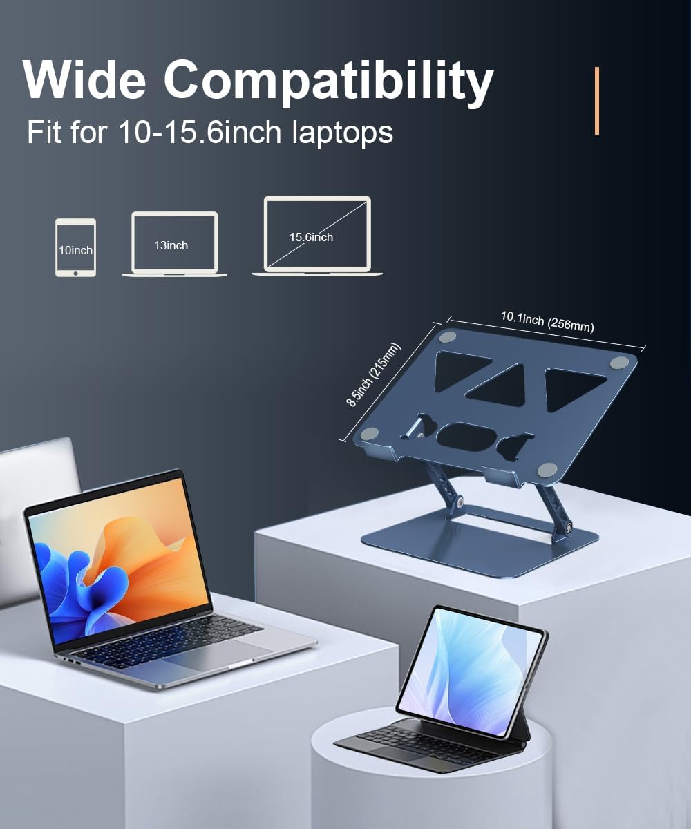 Adjustable Laptop Stand for Desk,Portable Laptop Stand Holder and Riser,Foldable Aluminum Notebook Computer Stands for MacBook Air Pro HP Lenovo Dell Samsung Chromebook, 10-15.6 inch,Navy Blue