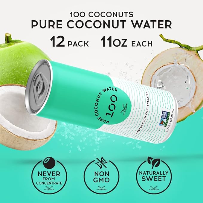 100 Coconuts - 100% Pure Coconut Water - Low Calorie All-Natural Drink with Electrolytes - Naturally Sweet, no preservatives - Non-GMO, 11 fl oz, Pack of 12 (Pure Coconut Water)