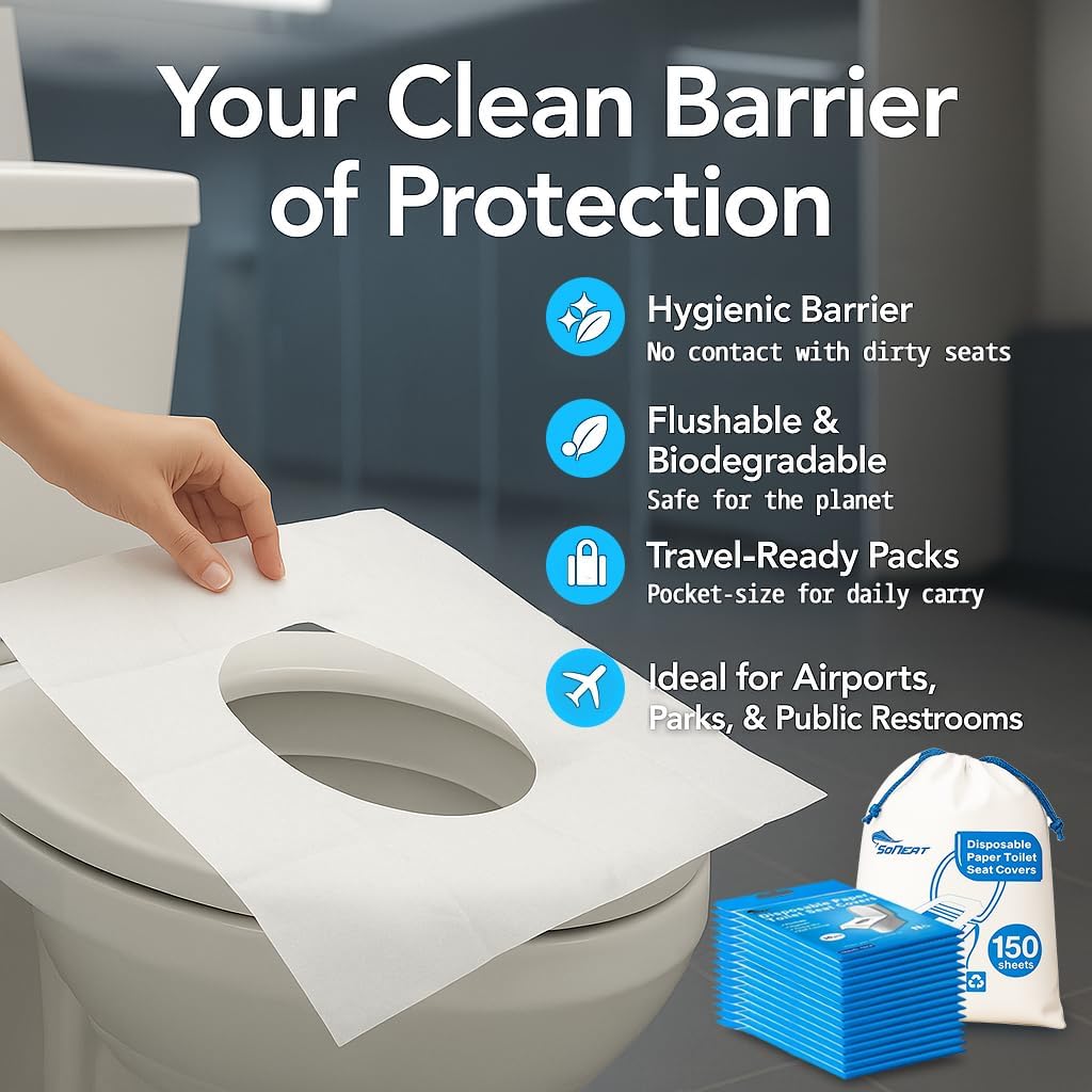Disposable Toilet Seat Cover - 150 Count Large Flushable Toilet Seat Covers for Travel, Disposable Toilet Seat Cover for Kids, Potty Training & Public Restrooms, Travel Size Paper Seat Covers