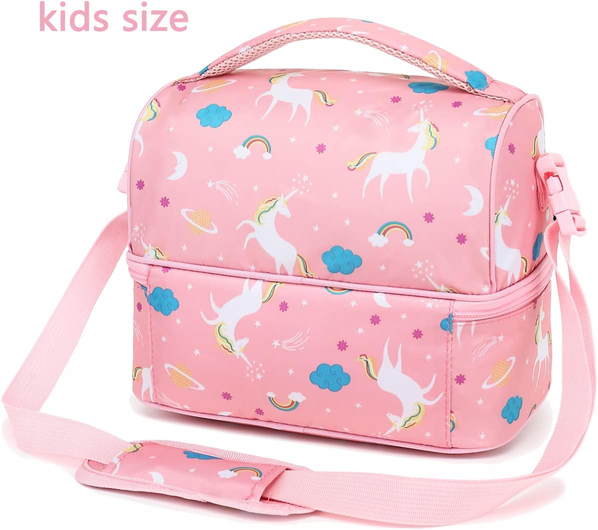 FlowFly Kids Double Decker Cooler Insulated Lunch Bag Large Tote for Boys, Girls, Men, Women, With Adjustable Strap, Unicorn