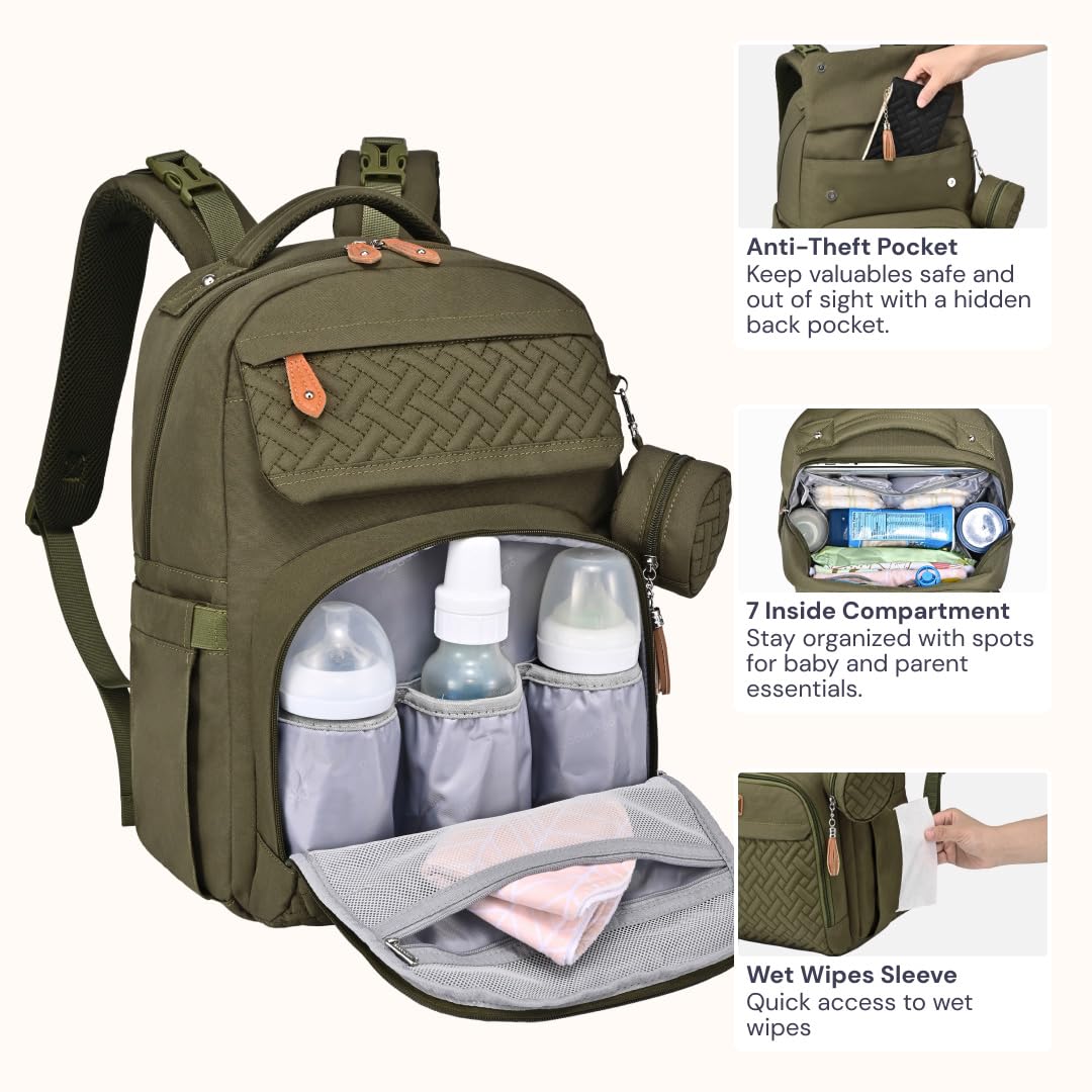 BabbleRoo Diaper Bag Backpack, Travel Backpack with Changing Pad, Pacifier Case & Stroller Straps, Multifunction, Waterproof, Unisex โ Army Green
