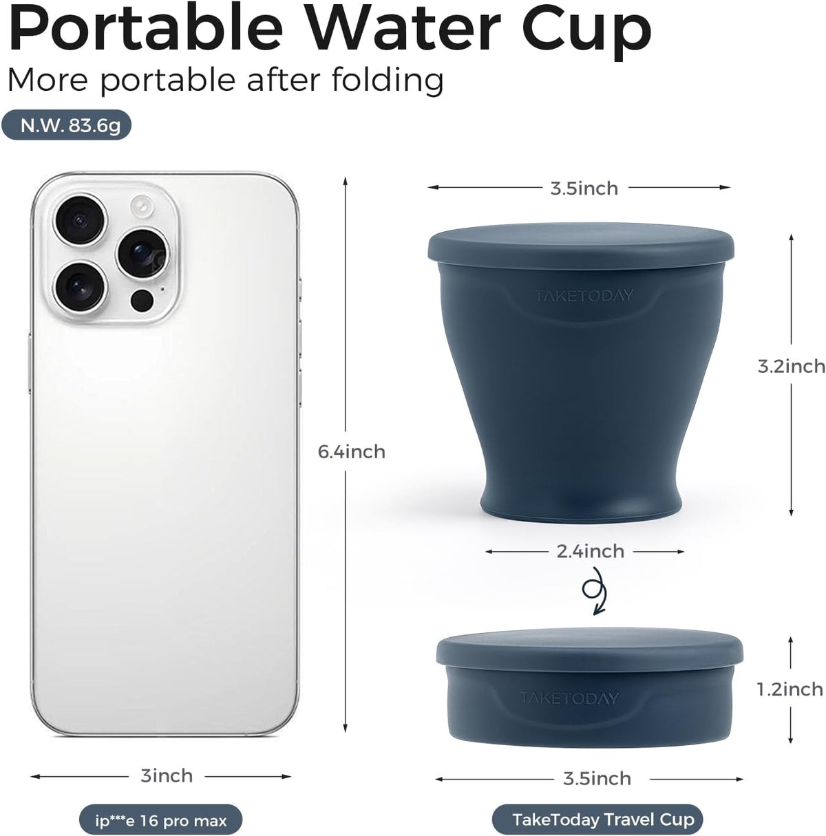 TakeToday 2PCS Collapsible Travel Cup - Silicone Foldable Water Cup, BPA-Free with Lid & Waterproof Bag - Drinking Cup Set for Camping, Outdoors & International Travel(8 Oz, Navy & Green)