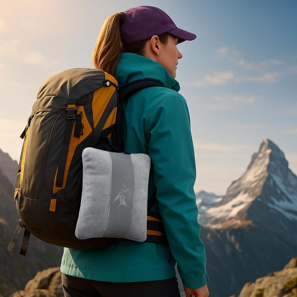 Melissa Large Travel Blanket and Inflatable Pillow Set - 69โ x 43.3โ โ Soft Blanket with Carry Bag โ Lightweight, Compact & Washable for Backpacking, Hiking, Car, Airplane, Office, Camping (Gray)