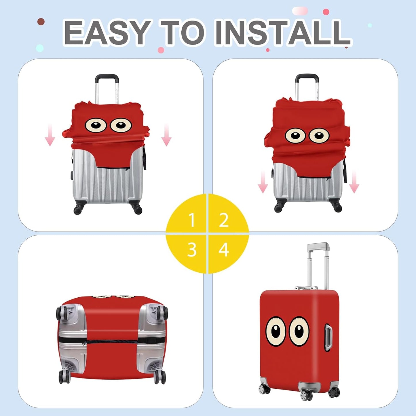 ANNA QUEEN Funny Cartoon Eyes Luggage Cover, Red Suitcase Protector with Cute Big Eyes Design, Travel Suitcase Cover for 32-34 Inch Luggage, Stretchable & Washable Spandex Travel Accessories