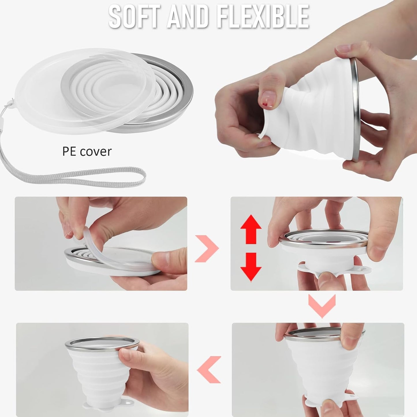 JBER Silicone Collapsible Travel Cup, 4 Pack Silicone Folding Camping Cup with Lids Expandable Drinking Cup for Outdoor Hiking Travel (White Translucent)