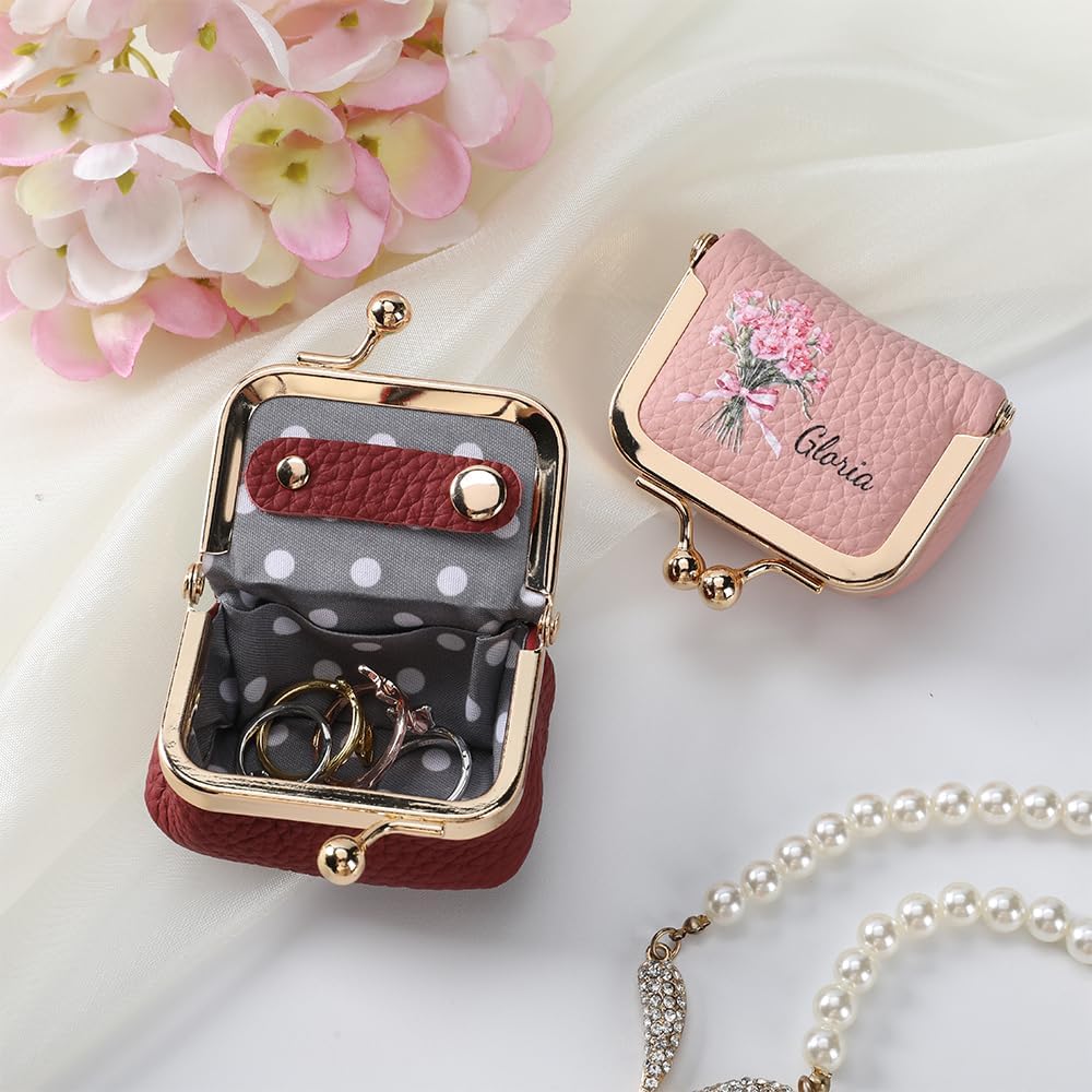 Custom Name & Birth Month Flower Mini Leather Jewelry Box – Vintage Kiss Lock Coin Purse Organizer for Rings, Earrings & Necklaces | Portable Travel Gift for Women (Blue/Black/Pink)