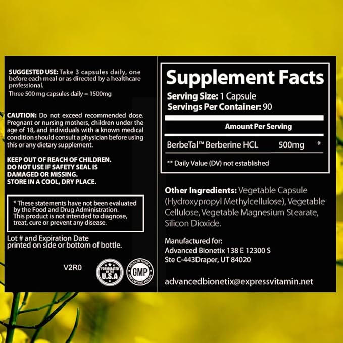 1500mg Advanced Bioavailability Micronized Berberine Supplement All Natural w/BerbeTal™ Support. 90 Total Capsules