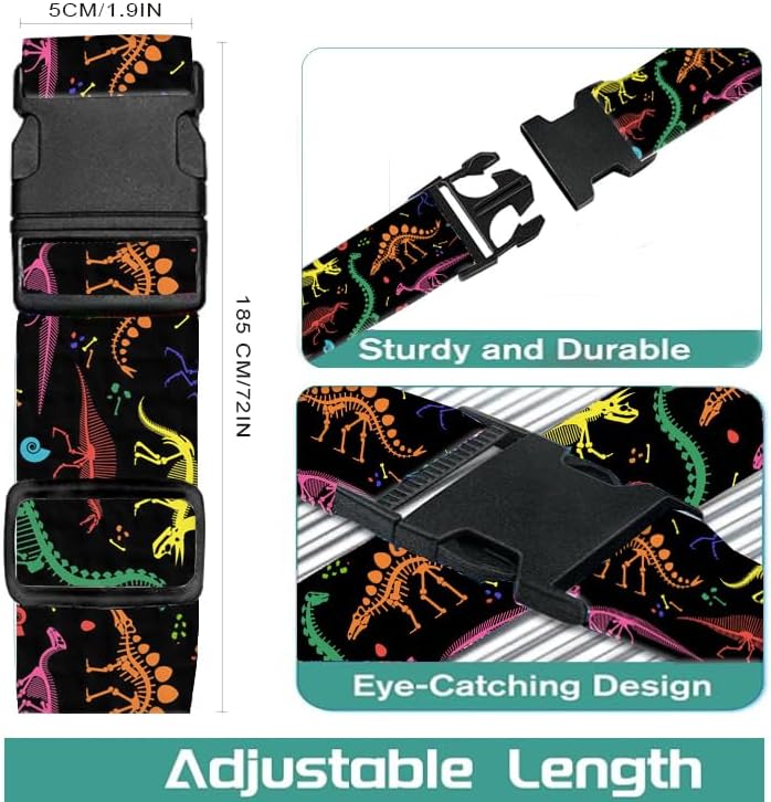 Luggage Straps for Suitcases Travel Belt Accessories, Cute Suitcase Strap, Adjustable Luggage Belt Strap, Heavy Duty with Quick-Release Buckle Luggage Strap Cute Colorful Dinosaurs