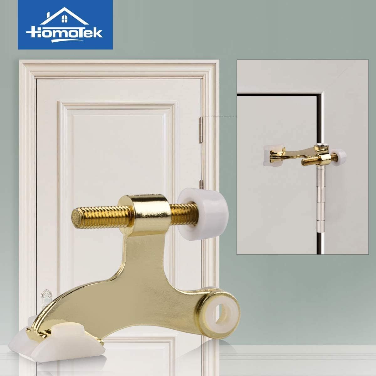 HOMOTEK 4 Pack Hinge Pin Bright Brass Door Stopper, Gold Door Stops, Adjustable Deluxe Heavy Duty Door Stopper 2-1/2"x1-3/4โ,with White Rubber Bumper Tips