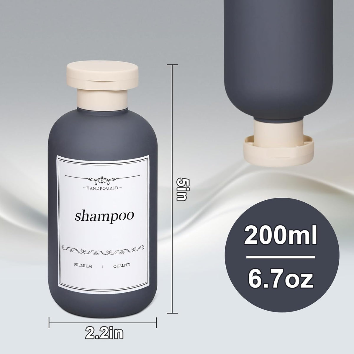 ASEVAT 6.7oz Refillable Plastic Travel Shampoo Bottles, Empty Travel Shampoo and Conditioner Bottles Reusable, Travel Size Shampoo Bottle, Hand Soap Dispenser for Vacation,Gym, Home(Grey)