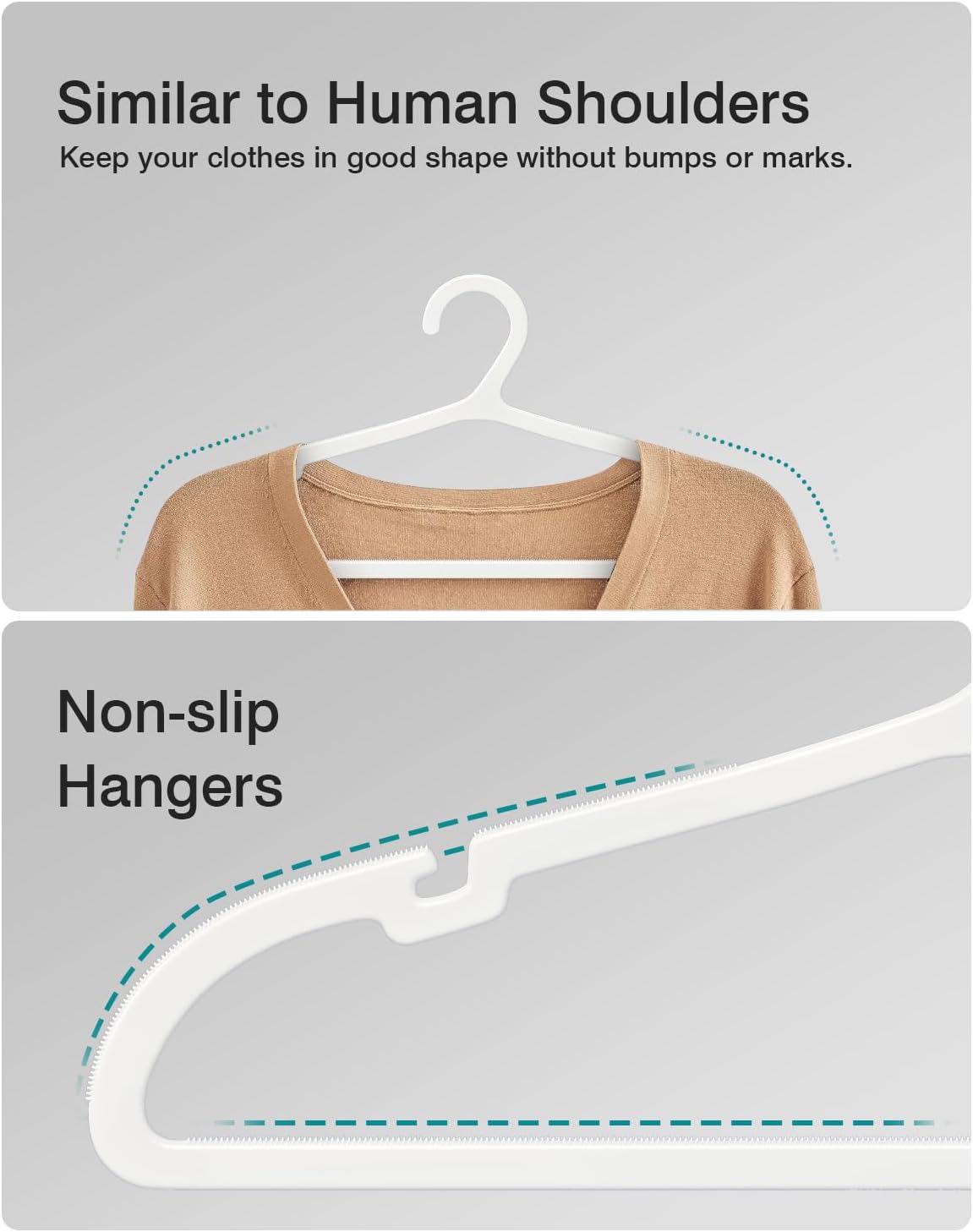 50 Pack Clothes Hangers, Non Slip Plastic Coat Hangers, Space Saving Hangers, Heavy Duty, Hanging Dry Wet Clothes, 16.4" x 8.3", White, UAPY0550W