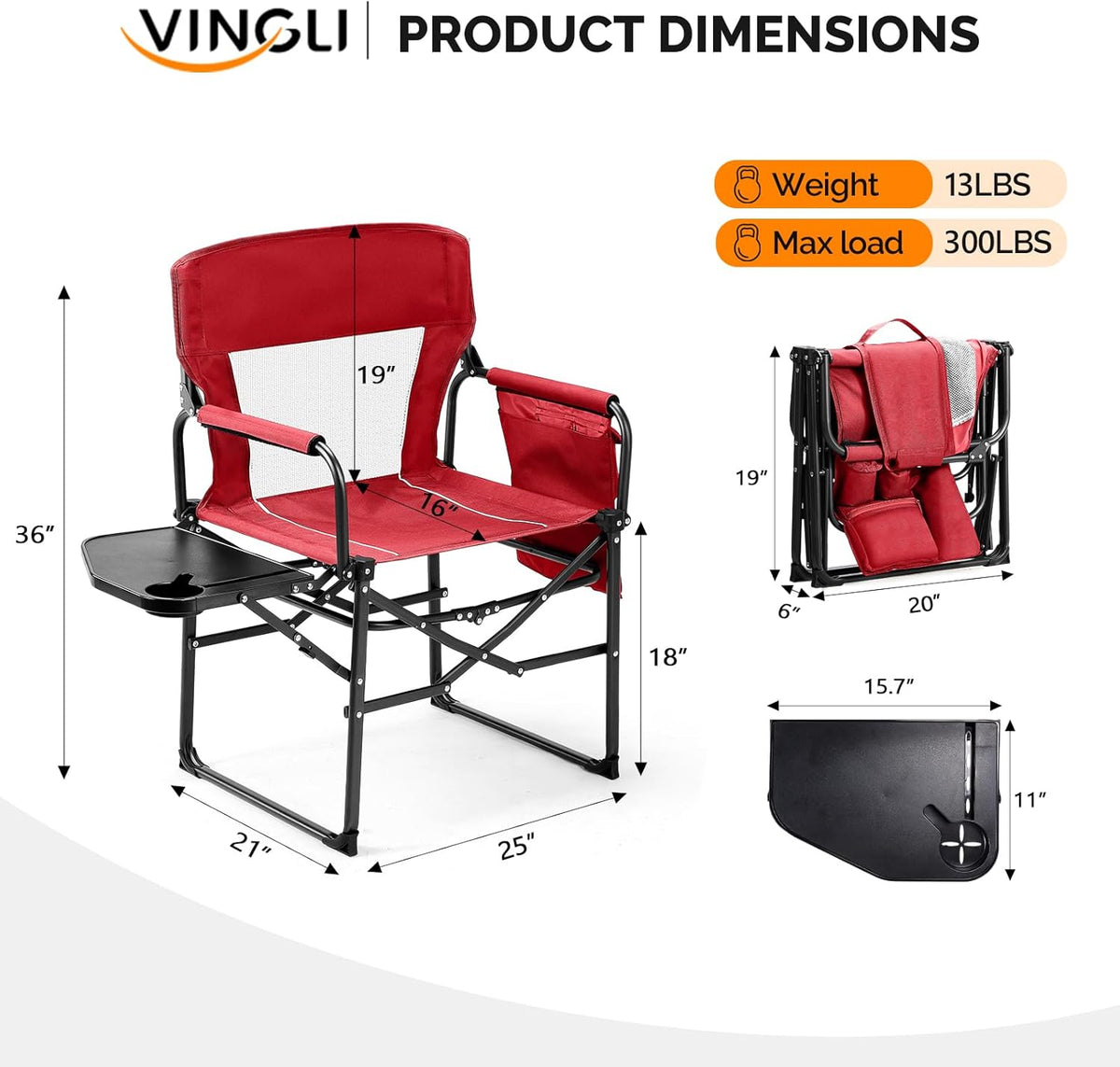 VINGLI Camping Chairs, Directors Chair, Camping Chair with Side Table & Carry Bag,Heavy Duty Camping Chairs for Adults,Portable Folding Camping Chair 2 Pack, for Beach, Fishing,Trip,Picnic,Lawn-Red
