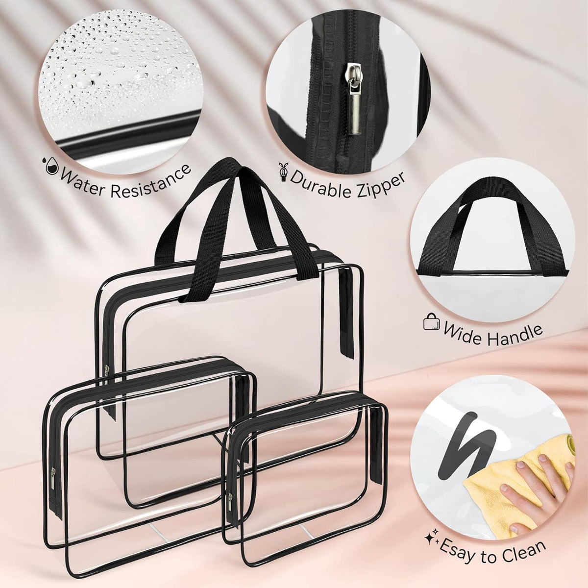 TISRATOK 10 PCS Clear Travel Makeup Toiletry Bag, Plastic PVC Cosmetic TSA Approved Organizer Kit with Zipper Handbag(Black)