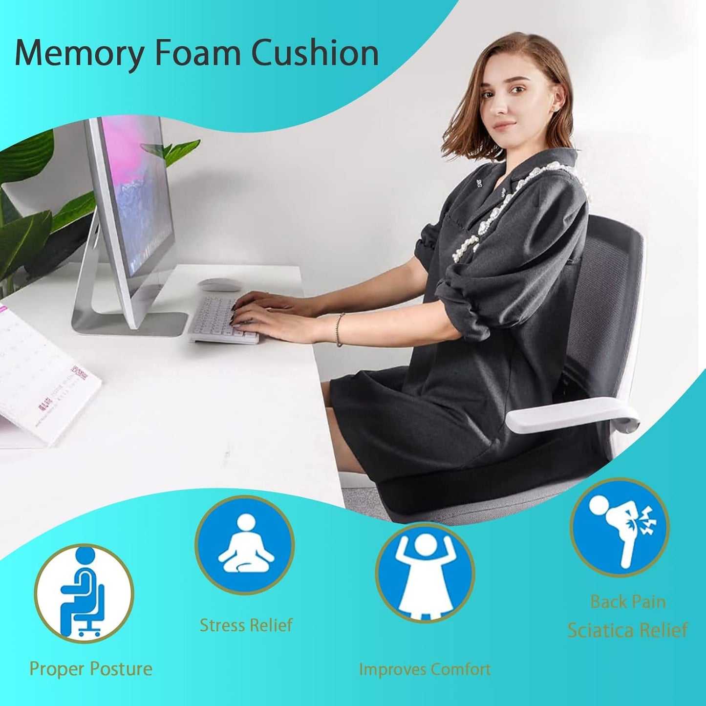 Pressure Relief Seat Cushion for Long Sitting Hours on Office, Home Chair, Car Memory Foam Office Chair Cushion for Back, Coccyx, Tailbone Pain Relief(Black)