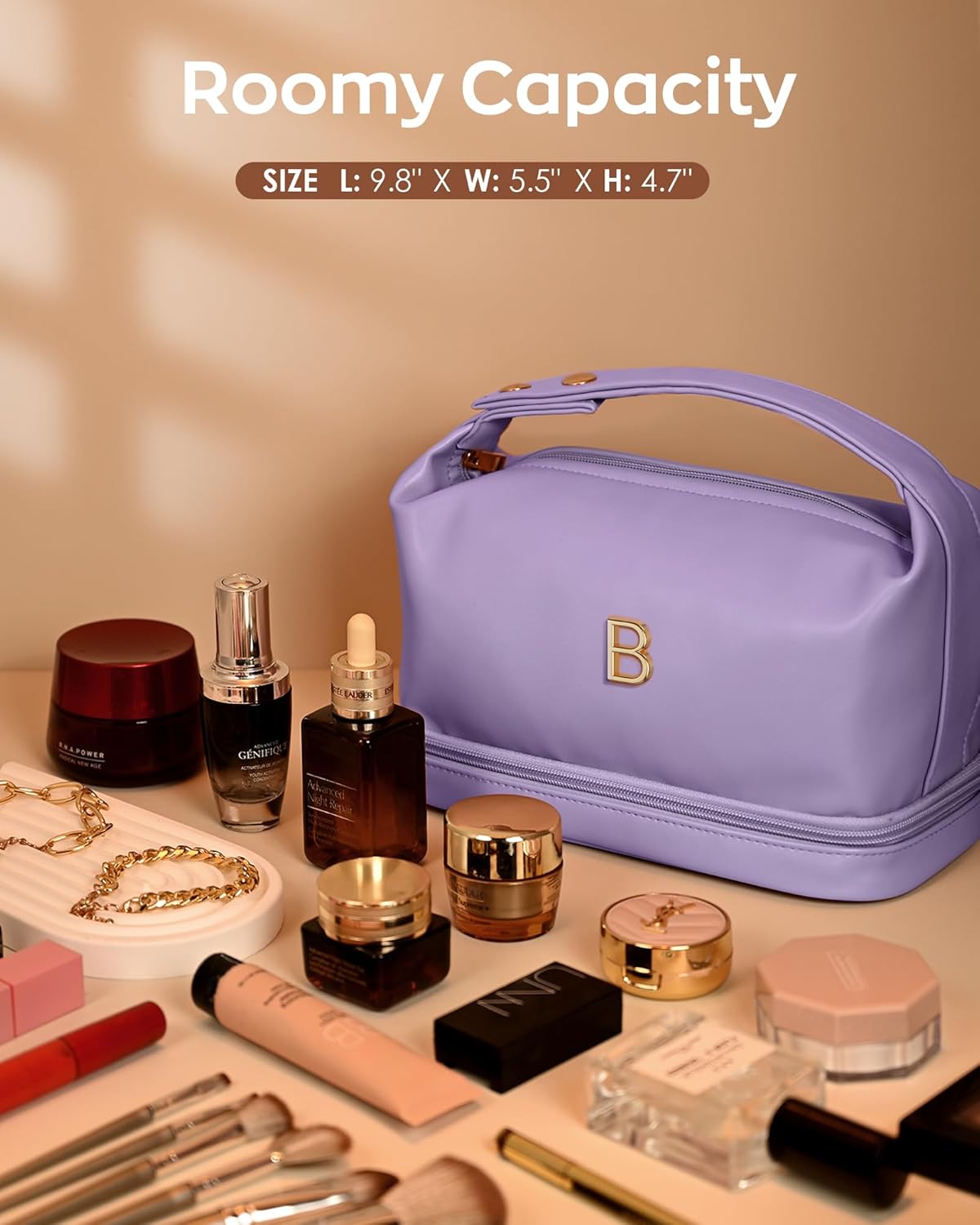 Personalized Makeup Bag with Handle, Initial Double Layer Cosmetic Bag with Makeup Brush Organizer,Gifts for Friends Female Mom
