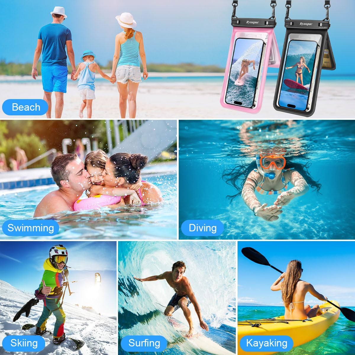 Double Space Waterproof Phone Pouch, 2 Pack Waterproof Phone Case with Lanyard for iPhone 16 15 14 Pro Max up to 8.5ββ, Cellphone Dry Bag for Beach Vacation Travel Cruise Essentials