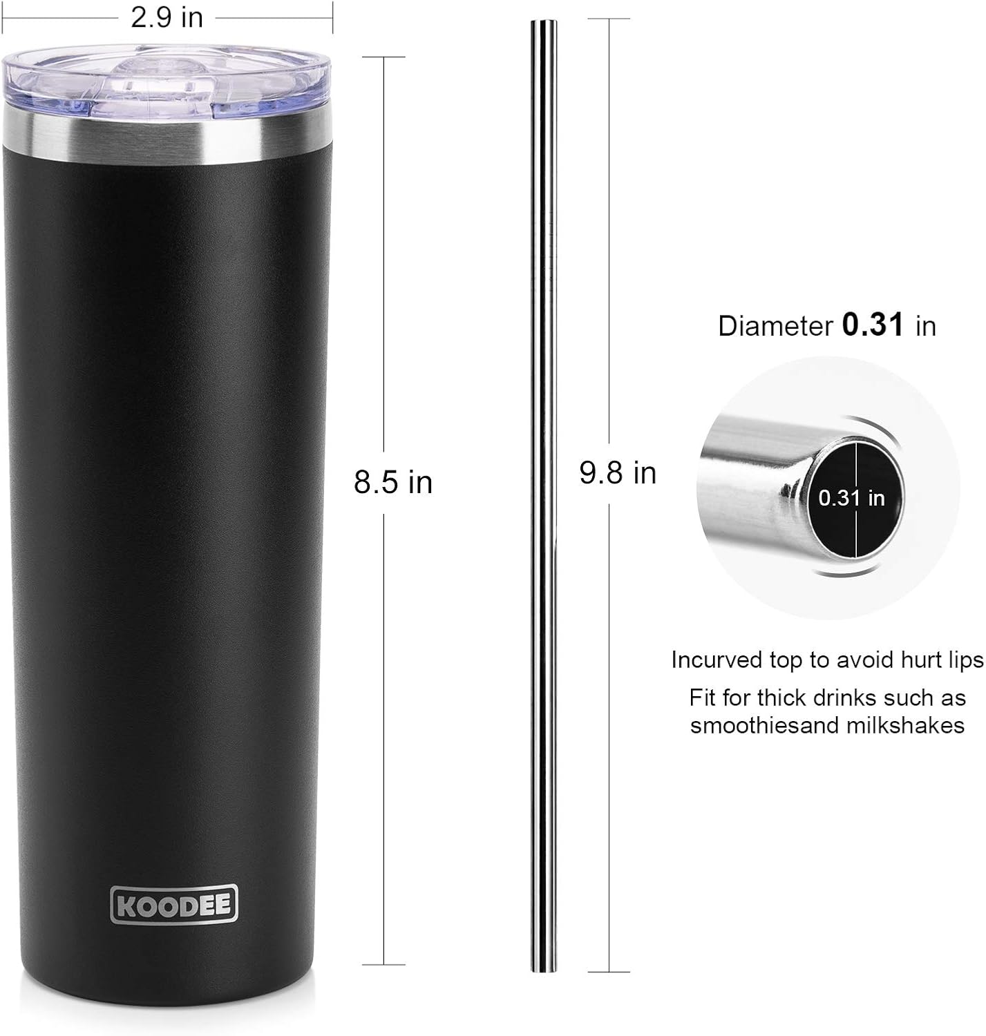 koodee Skinny Tumbler-20 oz Stainless Steel Iced Coffee Tumbler with Straw Vacuum Insulated Traver Coffee Mug with Lid (Canyon Red-Black)