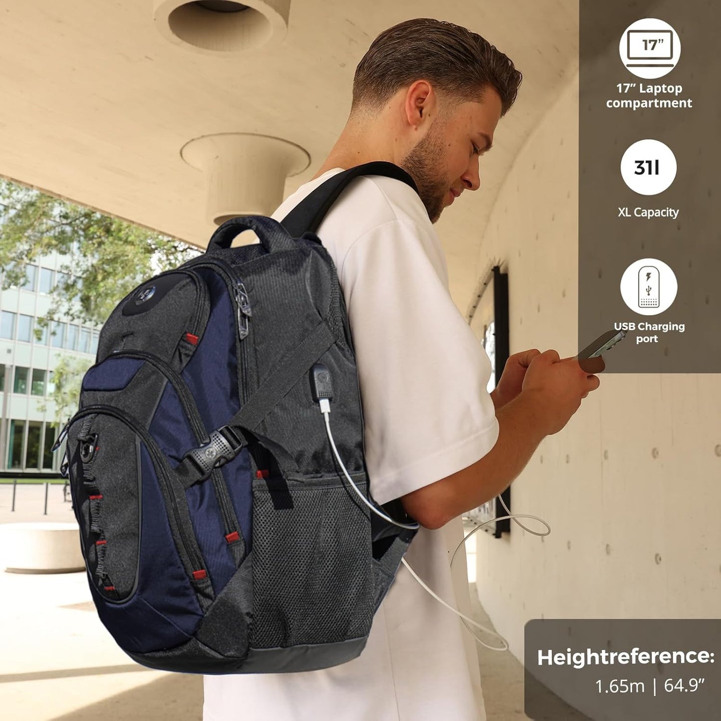 Swissdigital Design Laptop Backpack with USB Charging Port, TSA Travel Backpack Fits 15.6 inches Computer, 31L College School Backpack for Men, Blue/Black | SD803