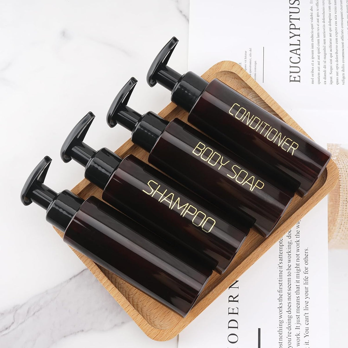 Travel Bottles Plastic Pump Bottle Dispenser TSA Approved 3.4oz/100ml 4 Pack Travel Refillable Shampoo and Conditioner Bottles Empty Travel Size Bottles for Cosmetic, Lotion, Liquid Soap (Brown)
