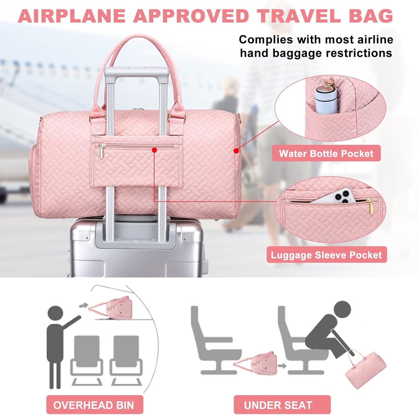 Women Duffle Weekender Travel Bag: Large Duffel Bags with Shoe Compartment Carry On Overnight Tote Bag with Wet Pocket Toiletry Bags Traveling Weekend Gym Yoga Hospital Bag for Labor and Delivery Pink