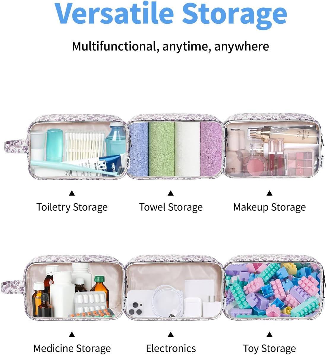 Narwey Clear Toiletry Bags for Traveling Women Men, Clear Travel Bags for Toiletries Makeup Bag Cosmetic Bag with Zipper, Make Up Organizer, Skincare Bag (Little Dusty Pink Flower)
