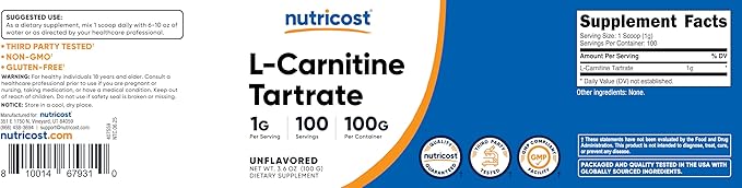 Nutricost L-Carnitine Tartrate Powder (100 Grams) - 1 Gram per Serving; 100 Servings
