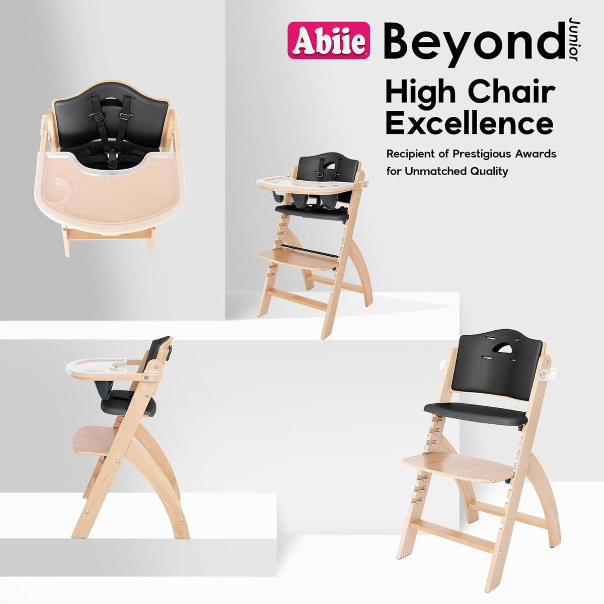 Abiie Beyond Junior Wooden High Chair with Tray - Adjustable and Convertible High Chair for Babies and Toddlers - 6 Months to 250 Lb - Water Resistant - Natural Wood/Black Pearl Cushion