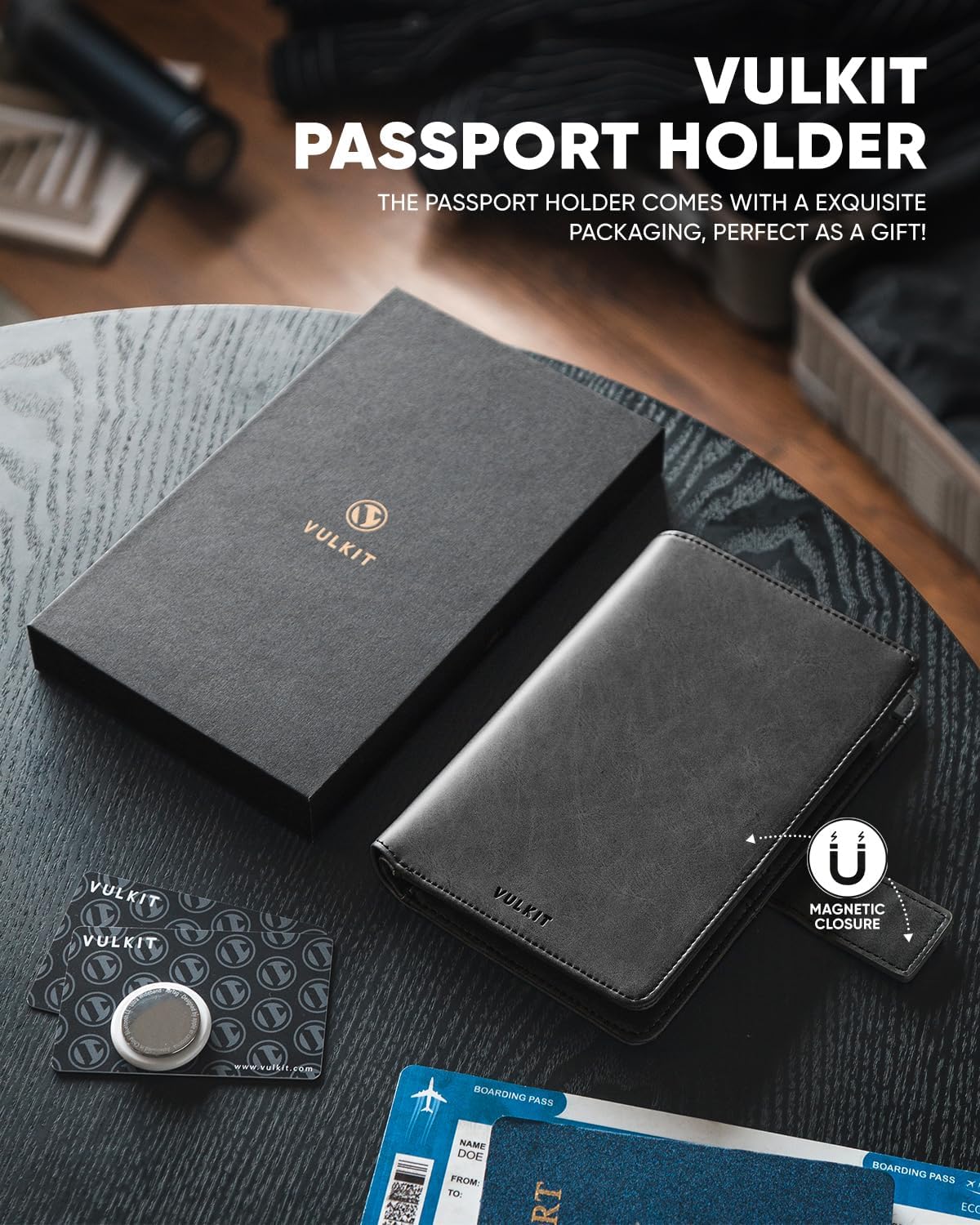 VULKIT Passport Holder with Airtag Holder RFID Blocking Passport Wallet Travel Leather Passport for Women(Dark Grey)