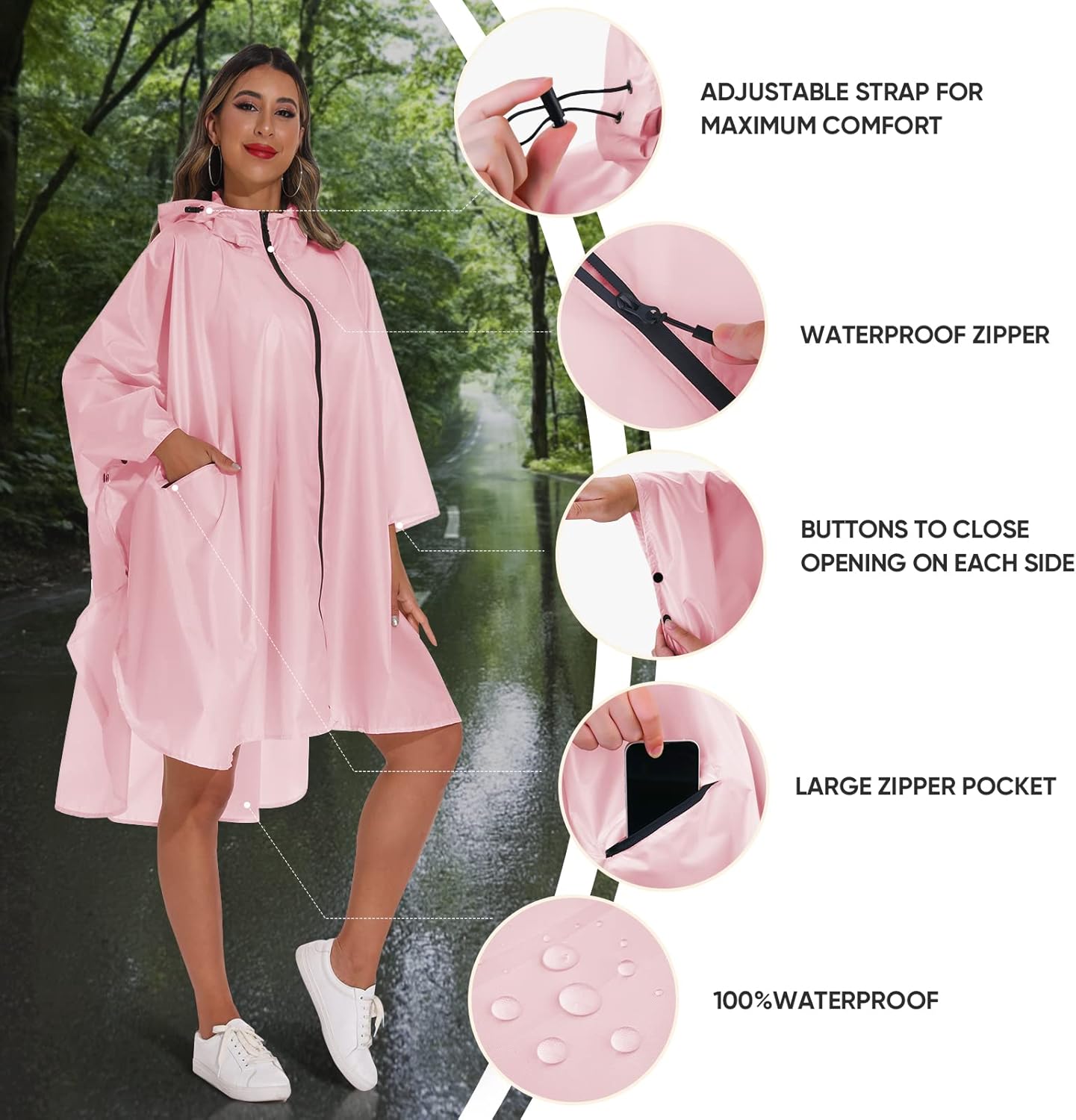 PTEROMY Hooded Rain Poncho for Adult with Pocket and Zipper, Waterproof Lightweight Raincoat for Men and Women