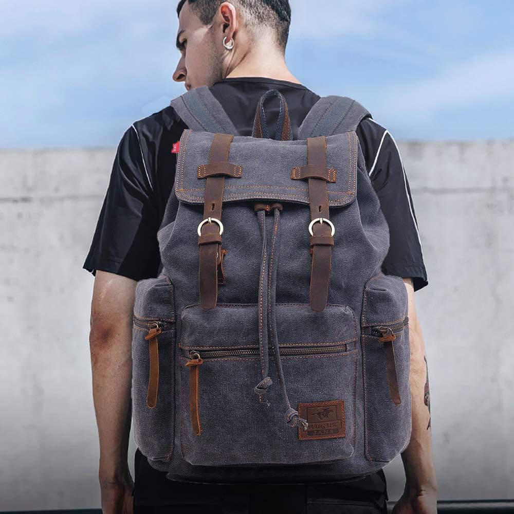 AUGUR High Capacity Canvas Vintage Backpack - for Camping Hiking Travel 12-15" Laptop Rucksack School Backpack (M-Gray)