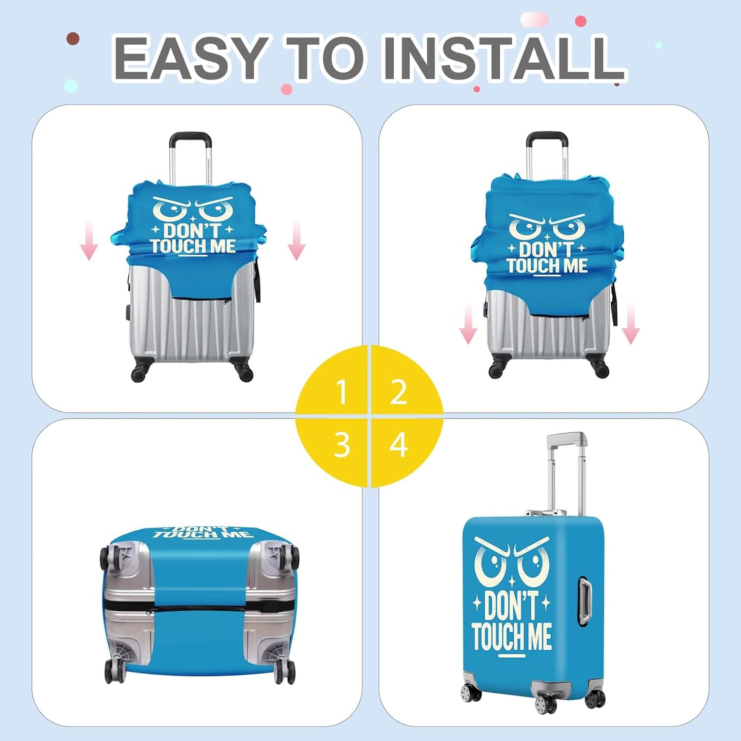 ANNA QUEEN Funny “Don’t Touch Me” Luggage Cover, Bold Blue Suitcase Protector with Angry Eyes Design, Stretchable, Washable Travel Cover for 24-26 Inch Luggage