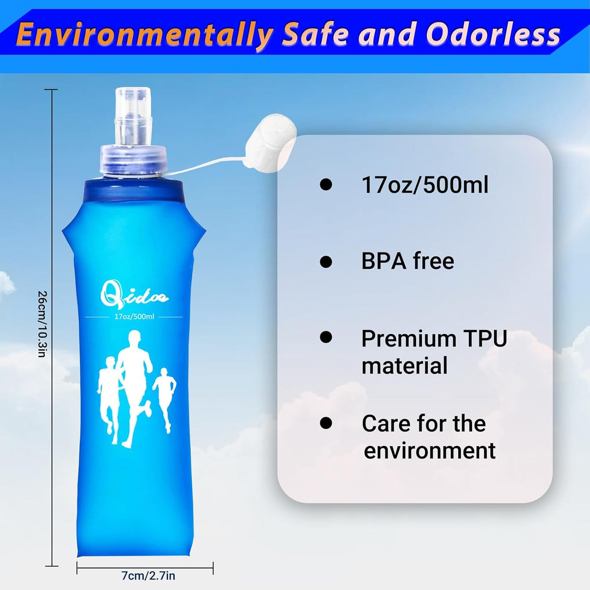 Qidoe 2 Pack Running Vest Soft Flask, 17oz/500ml BPA-Free TPU Collapsible Soft Water Bottle for Hydration Pack, Running Vest, Folding Water Bottles for Hiking Cycling Climbing