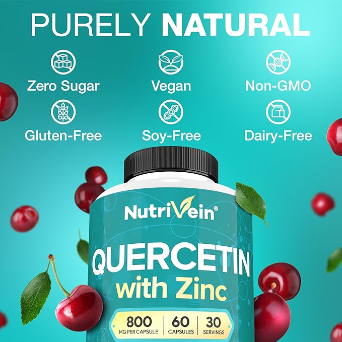Nutrivein Zinc Quercetin Combined Supplement - Enhanced-Absorption Quercetin with Zinc for Respiratory, Cardio, Immune, & Full-Body Support - Maximum Bioavailability